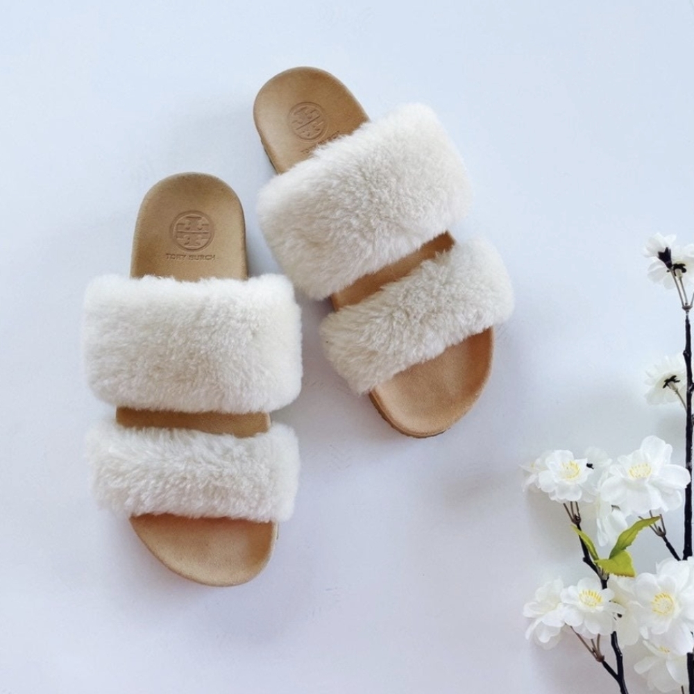 Tory Burch Fur slippers Beige 8 Sheldon Shearling Two Band Slide